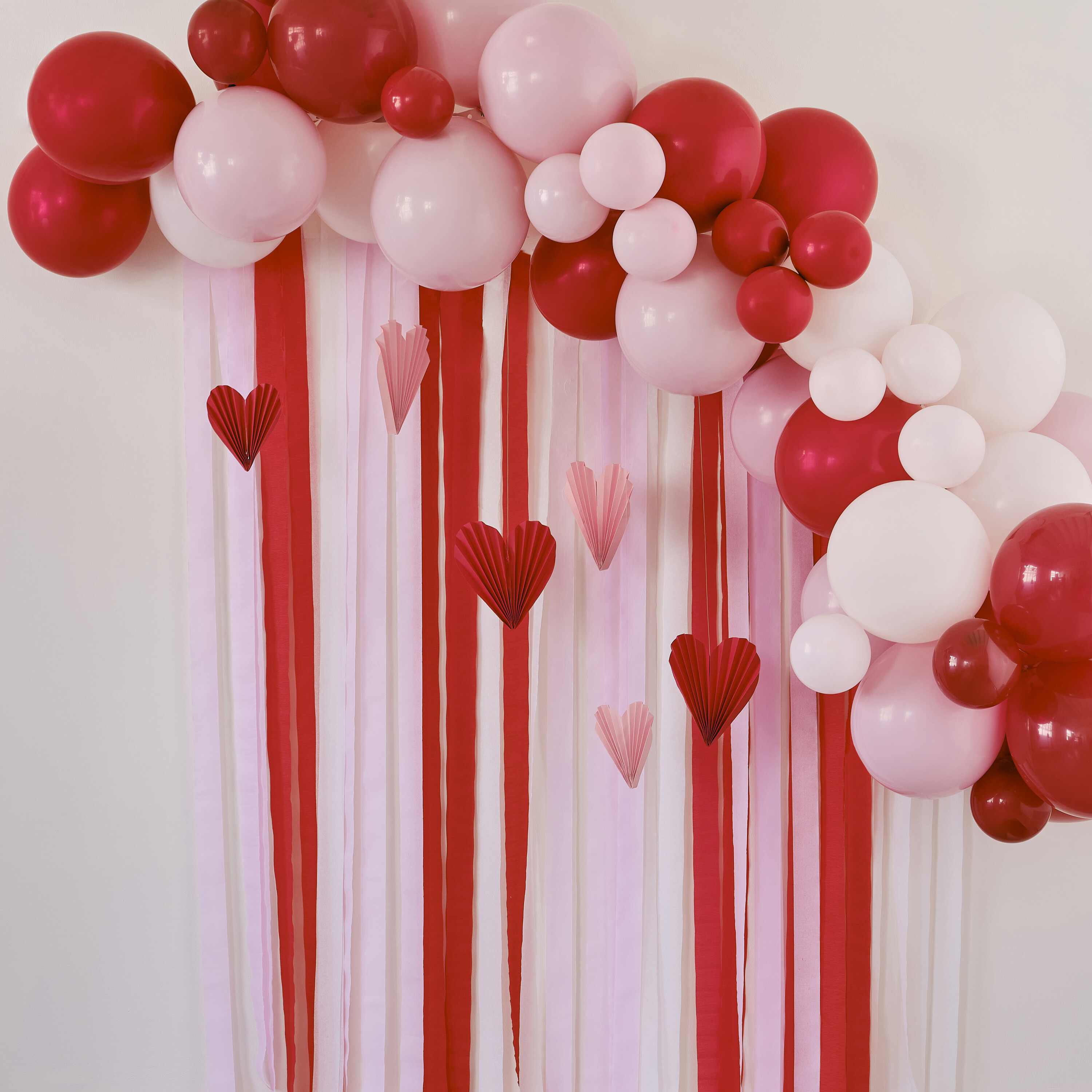 Red & Pink Balloon Arch Party Backdrop with Streamers and Paper Heart
